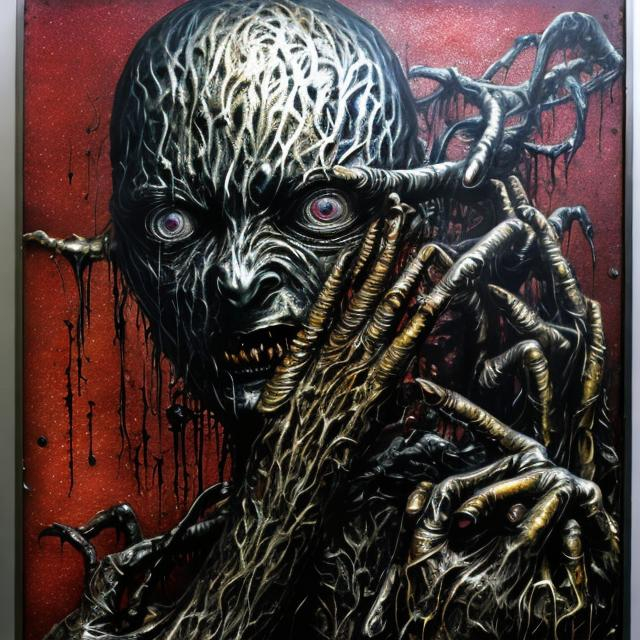 Prompt: "Scleroderma Dermafibrosis Torment" horror painting masterpiece done in metallic spraypaint grafitti, shiny acrylic, obsidian, except far more disturbing & brilliant.