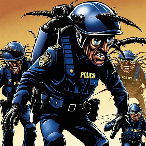 Prompt: Insectoid cockroach-police officers, cockroaches dressed in their full cop uniforms, all fleeing in terror from a giant camera that says "RAID" on it.