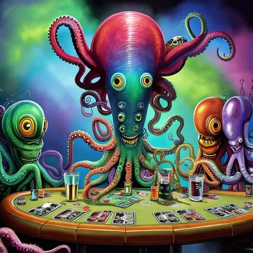 Prompt: A rainbow colored octopus-like alien serves drinks to a table full of cryptids playing poker.