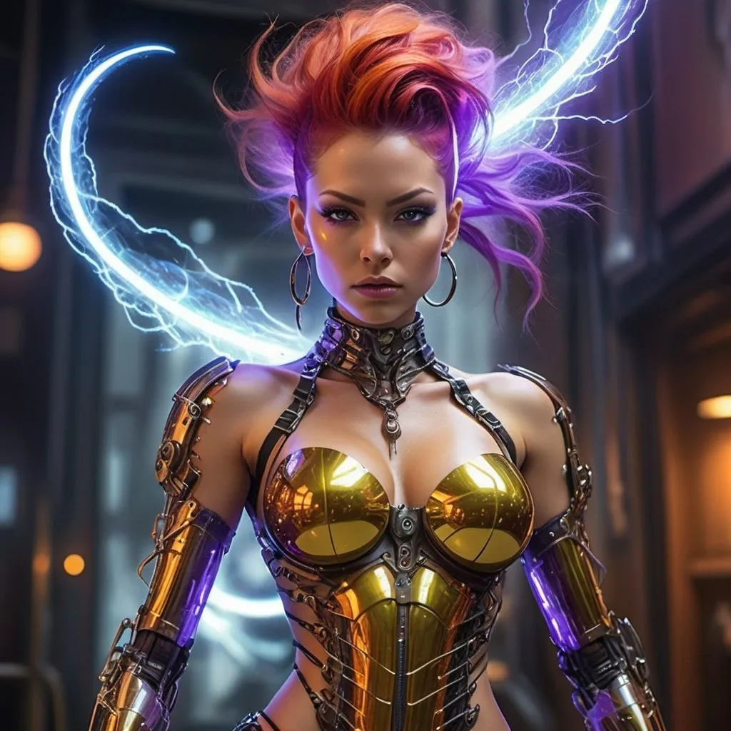 Prompt: An unbelievably gorgeous cyborg super villain female wearing transparent clear acrylic armor from neck to feet, arching her back in rage, with a glowing cat-o-nine-tails, & a mohawk of pre-hensile interface chords, in a background
that is a busy storm of iridescent amethyst colored & twining lightning bolts, & drifting reality-warping mirror-finish fractal-bubbles ranging from golfball to softball-sizes. Colorful image blood red & metallic banana yellow, chrome & iridescent, electric blue, copper, pearlescent white, royal purple, iridescent orange, dark green. Photo Quality, highly detailed, perfect magic hour lighting, many weapons & armor, interfaces, jets, gagets, an imposing figure, horrifying villain, 3D, steampunk, acrylic graffiti look in a photograph.