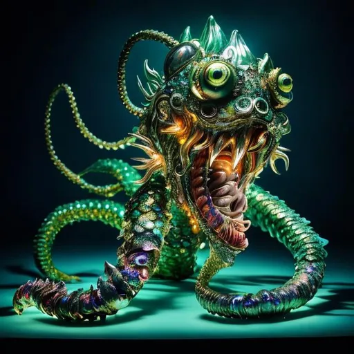 Prompt: Bejeweled sculpture of a sea monster with iridescent scales,  fins, eight whip-like stinging tentacles made of gold, & a lantern fish-like head with bioluminescent lure glowing on top, huge eyes, & gaping mouth full of long needle-teeth, & a mermaid-like body. high quality, epic bright lighting, perfect focus, detailedò details, realistic, 3D.