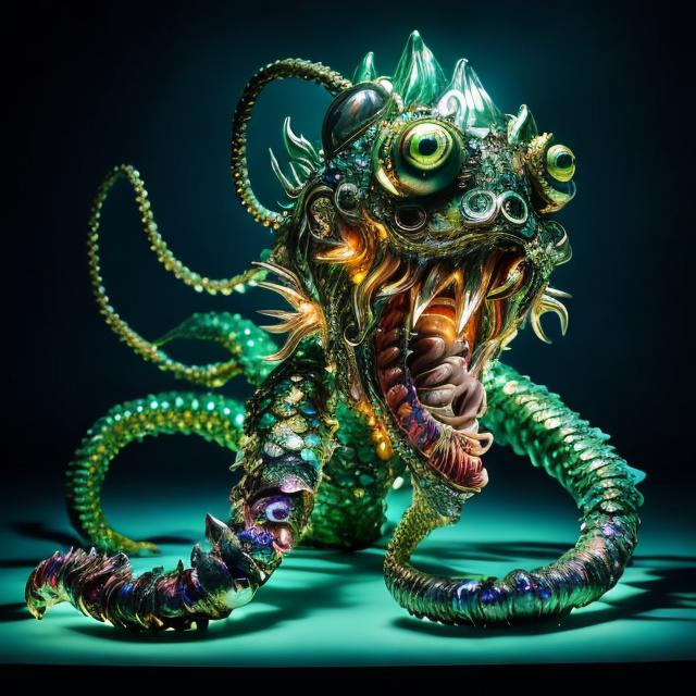 Prompt: Bejeweled sculpture of a sea monster with iridescent scales,  fins, eight whip-like stinging tentacles made of gold, & a lantern fish-like head with bioluminescent lure glowing on top, huge eyes, & gaping mouth full of long needle-teeth, & a mermaid-like body. high quality, epic bright lighting, perfect focus, detailedò details, realistic, 3D.