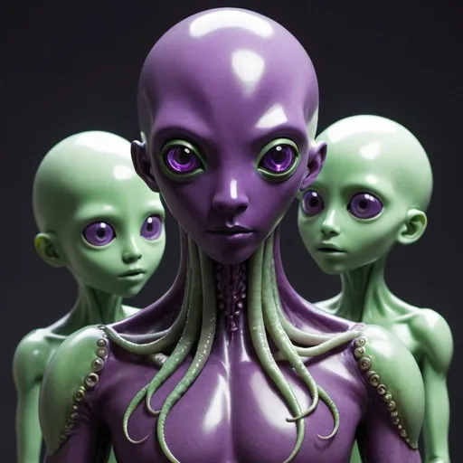 Prompt: An all smooth, amethyst purple & green humanoid with no face but tentacles reaching off its roundish head, androgenous, standing & talking with a pair of future humans.