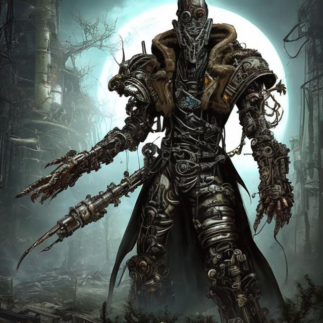 Prompt: The evil cyborg sorcerer Gemini is a warlord who rules the overgrown ruins of 20th century cities, in a post-apocalyptic Earth reclaimed by nature. Steampunk.