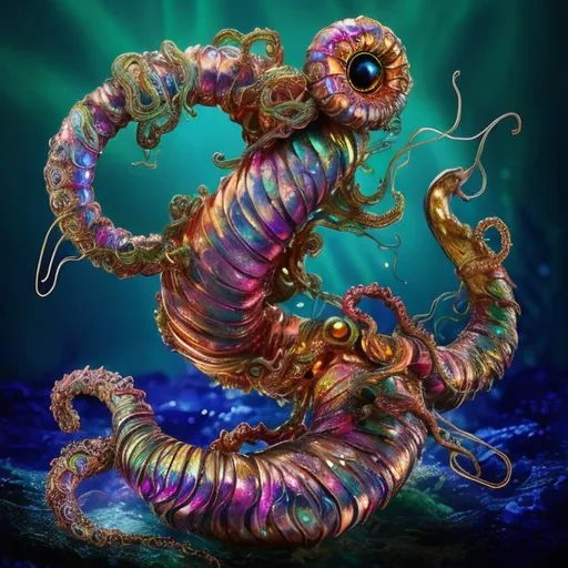 Prompt: A bejeweled sculpture of a spiral swimming sea serpent with iridescent scales & eight writhing & stinging tentacles made of gold, & a lantern fish-like head with bioluminescent lure on top & gaping mouth full of needle-teeth including some even longer than its face. high quality, epic bright lighting, perfect focus, detailed, perfect contrast, balanced, intricate details, realistic, 3D.