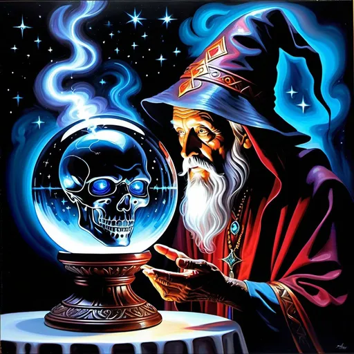 Prompt: A magic crystal ball lets an ancient human wizard to talk to a demon-alien head. iridescent smoke & magic, highly detailed, rich acrylic colors photo quality painting, cosmic astral time theme, dark foreboding, shadowed, scary, blood red, dark gray, electric blues, metal, horror,thunder & lightning, stars, equations, magic symbols, runes, 