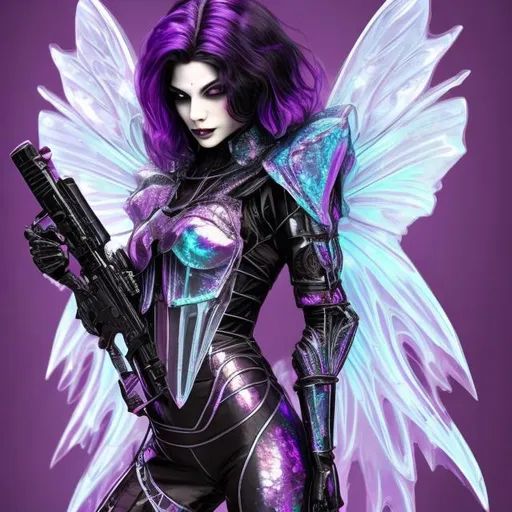 Prompt: Gorgeous vampire-gangster-fairy  in completely transparent light armor holding a Mac10.  bright glossy deep metallic iridescent colors, perfect art with a street/gangsta dark tone.
