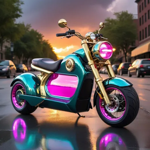 Prompt: An AI head & torso autodriver on a raked out, all mirror reflective chrome steampunk ultramodern fat-tire electric scooter with neon accents. Bright acrylic iridescent  & dark purple storm clouds, with hot pink & metallic green lightning design on the scooter, pearlescent white & obsidian black, teal, blood red, hot pink, gold,  copper, brass, clear acrylic, hyperrealistic, cool unique design, polished aluminum, unique design electric motorcycle. Perfect 3D photo, golden hour under storm clouds perfect lighting.