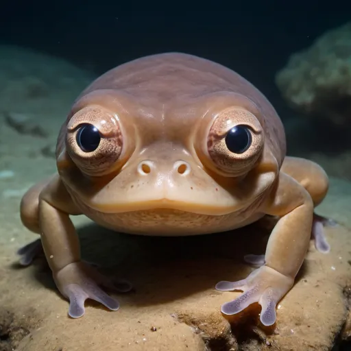 Prompt: a species of previously unknown sea amphibian that sits on the bottom looking like a smooth, round rock with wide pearlike eyes & a huge mouth.