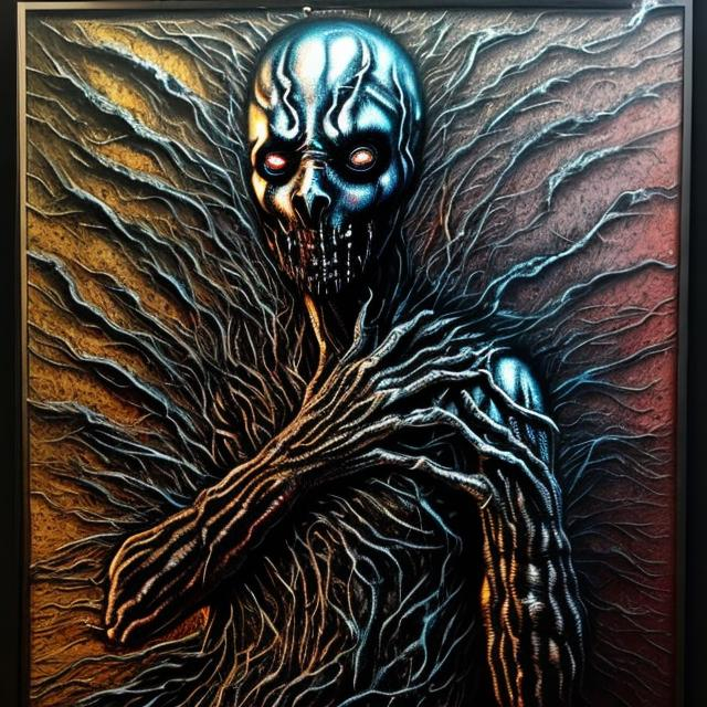 Prompt: "Scleroderma Torment" horror painting masterpiece done in metallic spraypaint grafitti, shiny acrylic, obsidian, except far more disturbing & brilliant.