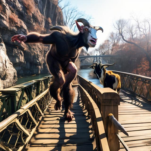 Prompt: an enraged troll onfronts a billy goat walking across the bridge he lives beneath