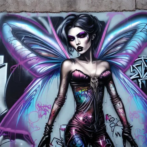 Prompt: Beautiful graffiti mural painting of gorgeous vampire gangster fairy  woman in entirely sheer clothing. street art, bright glossy deep metallic iridescent colors, perfect art with a street/gangsta dark tone.