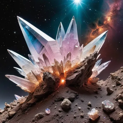 Prompt: Outside the alien ship sits a long-time burned out star has become a mass of quartz crystals of every size & color imaginable. photo quality 