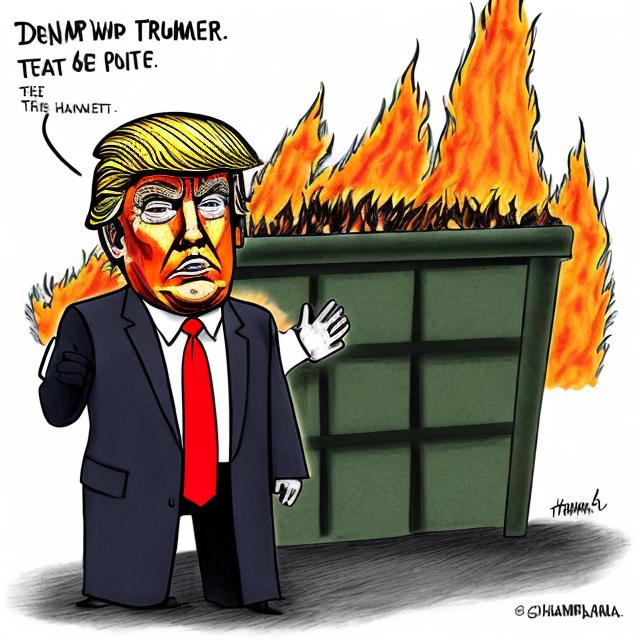 Prompt: Donald Trump as a dumpster fire political cartoon by Hannah Barbara