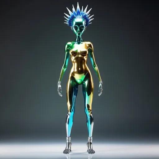 Prompt: Incredible full body glass sculpture of a beatiful alien female with white fading to black iridescent spikey hair, metallic green, electric blue, gold, hammed chrome, transparent skimpy, acrylic clothes. High quality, epic bright lighting, perfect focus, detailed details, realistic, 3D.