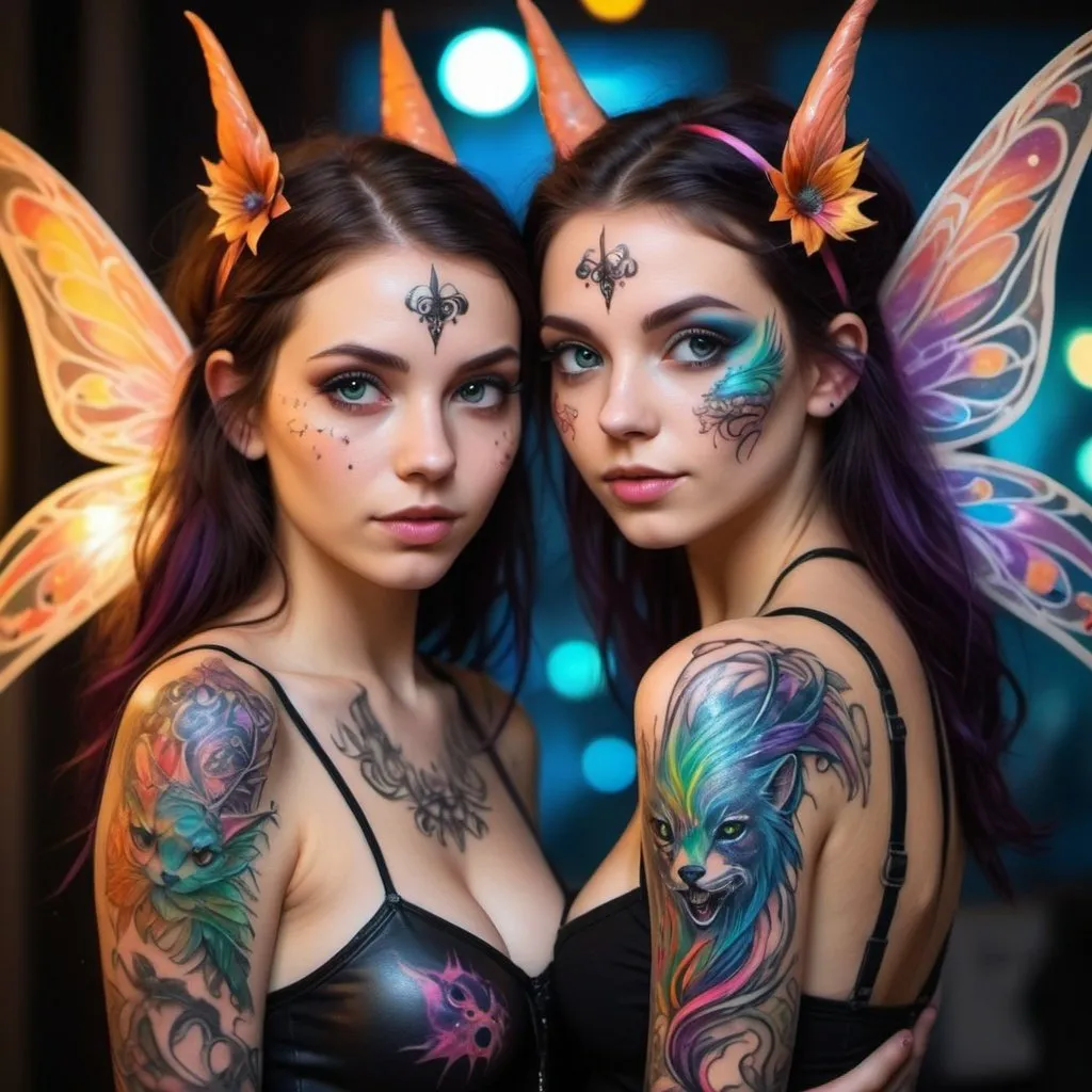 Prompt: An Incredibly gorgeous & cute young pair of pale female fairy-witches with wet looking dark hair show off their fully 100% coverage color tatooed covered fulll-body art depicting animals & magic themed drawings of neon colored creatues flying in a whirlwind with multi-colored iridescent vihes & lightnight lines all around, covered only by thin leather straps., professional photography, bokeh, natural lighting, canon lens, shot on dslr 64 megapixels sharp focus, full body tatoos, super busy background, full body head to toe image