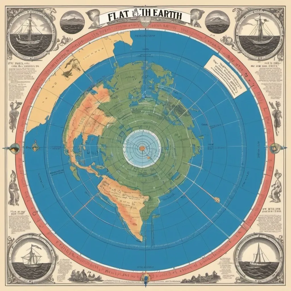 Prompt: An illustrated map of a Flat Earth, as described by those who believe the conspiracy theory.