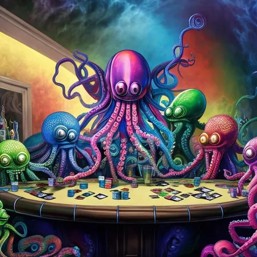 Prompt: A rainbow colored octopus-like alien serves drinks to a table full of cryptids playing poker.