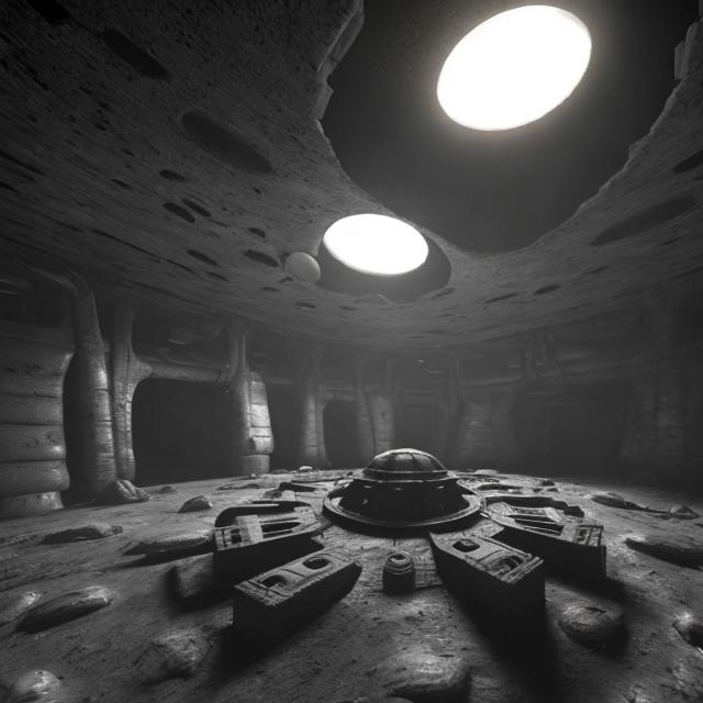 Prompt: The inside of a giant, ancient, abandoned alien base on the moon.