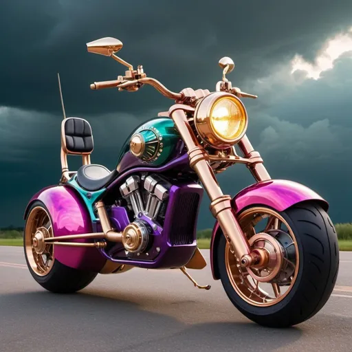 Prompt: A steampunk ultramodern fat-tire electric raked out chopper-scooter self-driven by a humanoid AI upper torso & head auto-driver controller. Bright acrylic iridescent mirror reflective chrome & dark purple storm clouds, with hot pink & metallic green lightning design on the scooter, pearlescent white & obsidian black, teal, blood red, hot pink, gold,  copper, brass, clear acrylic, hyperrealistic, cool unique design, polished aluminum, unique design electric motorcycle. Perfect 3D photo, golden hour under storm clouds perfect lighting.