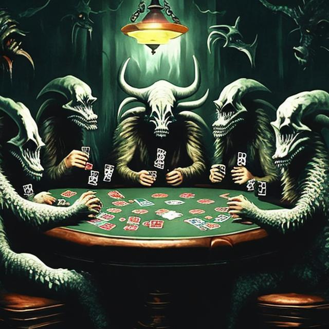 Prompt: A table full of well-known cryptids playing poker.