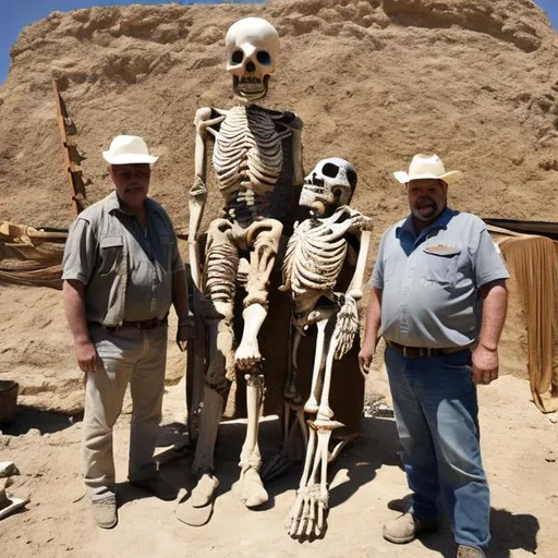 Prompt: Two archeologists pose for a photo, on-site with the skeleton of a giant humanoid they're currently uncovering.