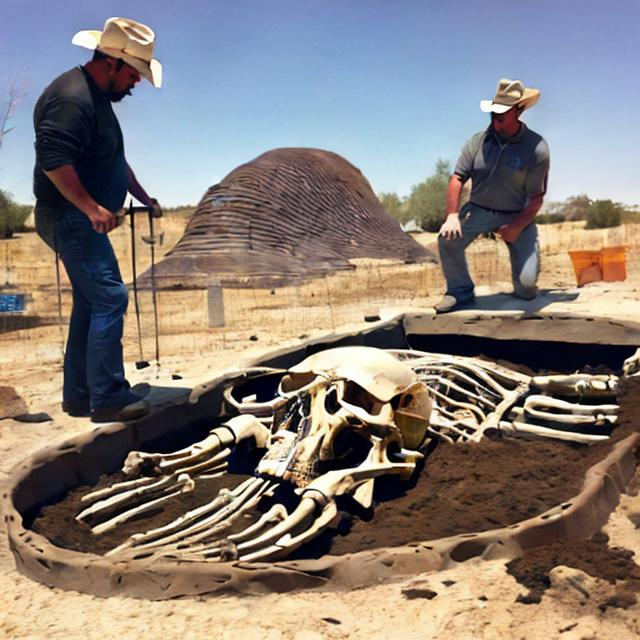Prompt: A modern archeologist uncovering an ancient burial site containing a 50 foot tall giant humanoid skeleton. Photo quality