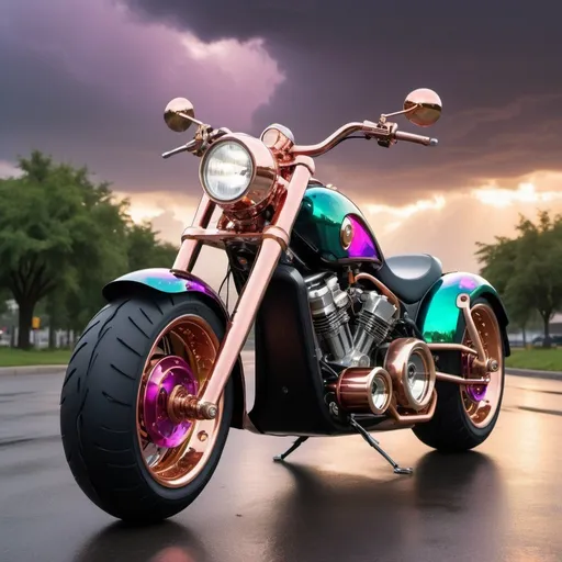 Prompt: An humanoid AI upper torso & head auto-driver controller on a steampunk ultramodern fat-tire electric raked out chopper-scooter. Bright acrylic iridescent mirror reflective chrome & dark purple storm clouds, with hot pink & metallic green lightning design on the scooter, pearlescent white & obsidian black, teal, blood red, hot pink, gold,  copper, brass, clear acrylic, hyperrealistic, cool unique design, polished aluminum, unique design electric motorcycle. Perfect 3D photo, golden hour under storm clouds perfect lighting.