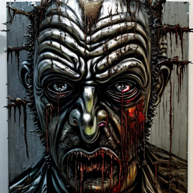Prompt: "Tormented Man" style horror painting masterpiece done in metallic spraypaint grafitti, shiny acrylic, obsidian, except far more disturbing & brilliant.