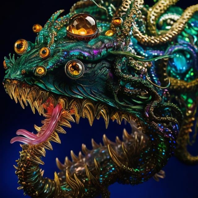 Prompt: Bejeweled sculpture of a sea monster with iridescent scales, crystal fins, eight whip-like stinging tentacles made of gold, & a lantern fish-like head with bioluminescent lure glowing on top, & gaping mouth full of needle-teeth including some even longer than its face. high quality, epic bright lighting, perfect focus, detailedò details, realistic, 3D.