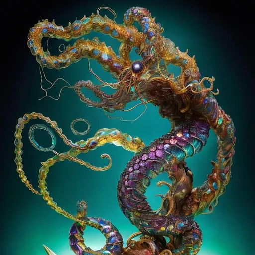 Prompt: A bejeweled crystal sculpture of a spiral swimming sea serpent with iridescent scales, crystal fins, ñp& eight whip-like stinging tentacles made of gold, & a lantern fish-like head with bioluminescent lure glowing on top, & gaping mouth full of needle-teeth including some even longer than its face. high quality, epic bright lighting, perfect focus, detailedò details, realistic, 3D.