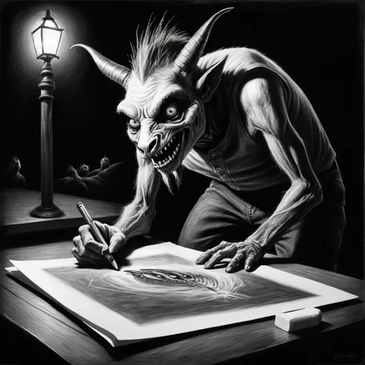 Prompt: El Chupacabra eyewitness chalk sketch artist drawing. black & white detailed horror drawing, spotting the chupacabra, the goatsucker in the headlights late at night.