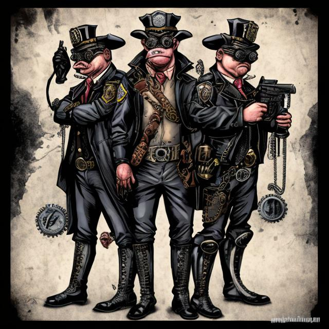 Prompt: A pair of pig-police officer partners, one bumbling, one evil. Adult dramatic graphic novel charachters drawn in fantastic, professional unique grafitti-steampunk-style comic art. 