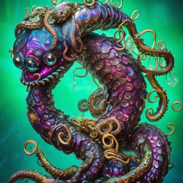 Prompt: A bejeweled sculpture of a spiral swimming sea serpent with iridescent scales & eight writhing & stinging tentacles made of gold, & a lantern fish-like head with bioluminescent lure on top & gaping mouth full of needle-teeth including some even longer than its face. high quality, epic bright lighting, perfect focus, detailed, perfect contrast, balanced, intricate details, realistic, 3D.