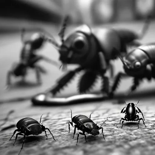 Prompt:  cockroaches in police uniforms fleeing across a flat surface in terror, running from a hand holding a camera with the word "RAID" on the side of it, being pointed towards them as if it were a can of bug spray.