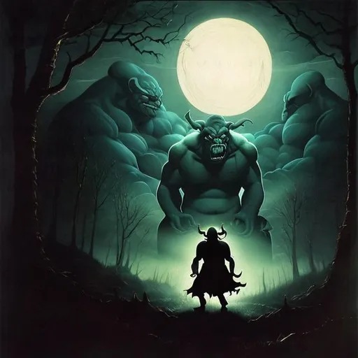 Prompt: The shadowy outline of a giant ogre lurks inside the darkest shadows of the treeline on a moonlit night. greatest classic DaVinci style horror oil painting masterpiecee ever created.