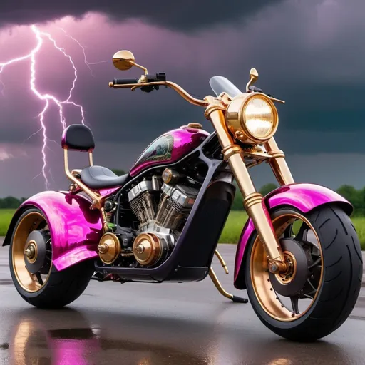 Prompt: A steampunk ultramodern fat-tire electric raked out chopper-scooter self-driven by a humanoid AI upper torso & head auto-driver controller. Bright acrylic iridescent mirror reflective chrome & dark purple storm clouds, with hot pink & metallic green lightning design on the scooter, pearlescent white & obsidian black, teal, blood red, hot pink, gold,  copper, brass, clear acrylic, hyperrealistic, cool unique design, polished aluminum, unique design electric motorcycle. Perfect 3D photo, golden hour under storm clouds perfect lighting.