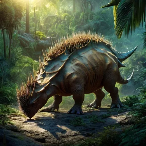 Prompt: A triceratops has rows of long sharp porcupine-like spines running down its back in its streamy jungle environment. photo quality, epic bright lighting, perfect focus, detailed, perfect contrast, balanced, intricate details, realistic, 3D.