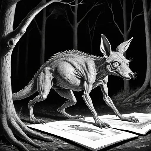 Prompt: Seeing the spkiey reptilian-canine chupacabra in the cars headlights on forest road late at night. El Chupacabra eyewitness police sketch artist drawing. black & white detailed horror sketch drawing, spotting the quadruped chupacabra, the goatsucker creature in the woods in the headlights late at night.