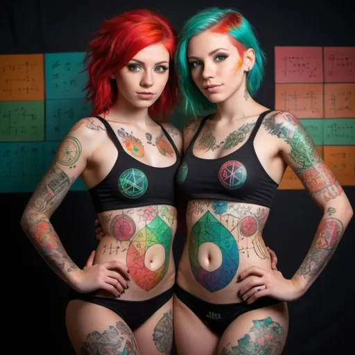 Prompt: An Incredibly gorgeous & cute young pair of female dancers with red & green hair show off their fully 100% coverage color tatooed covered fulll-body art depicting mathematical equations, tesseracts, fractals, rules, & drawings of neon colored mathematical symbols & equations are flying in a whirlwind with multi-colored iridescent all around. Covered only by thin leather straps. Professional photography, bokeh, natural lighting, canon lens, shot on dslr 64 megapixels sharp focus, full body mathematical equation & factal tatoos, super busy background,  full body head to toe image