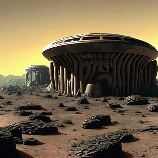 Prompt: The outside of a giant, ancient, abandoned alien base on venus.