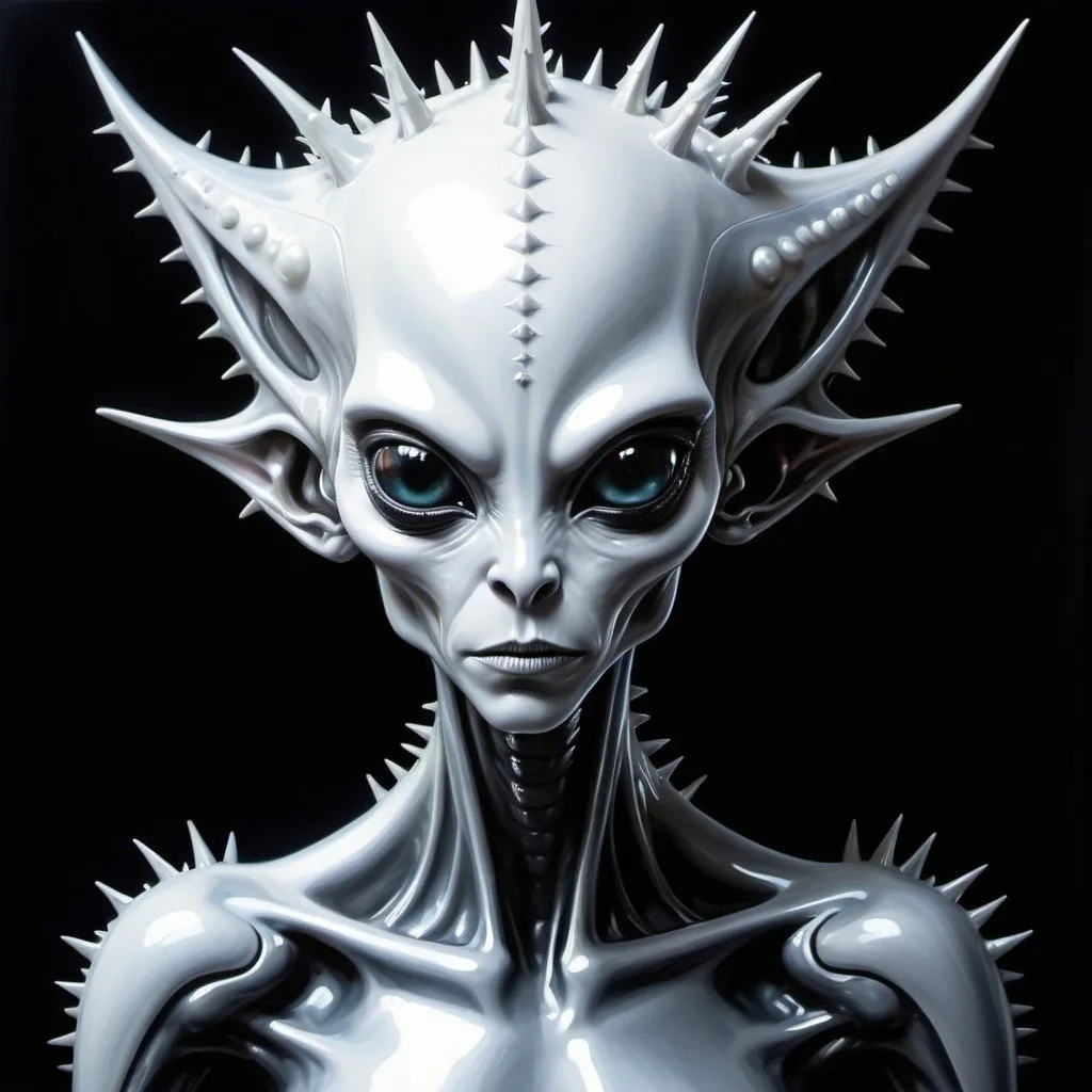 Prompt: A pale spiky headed beautiful humanoid alien. painting masterpiece done in metallic spraypaint grafitti, shiny acrylic, obsidian, iridescent, pearl white, disturbing & brilliant. Super beautiful alien female.