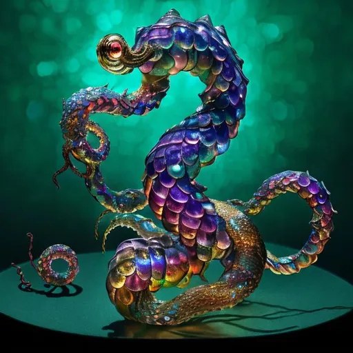 Prompt: A bejeweled crystal sculpture of a spiral swimming sea serpent with iridescent scales & eight whip-like stinging tentacles made of gold, & a lantern fish-like head with bioluminescent lure glowing on top, & gaping mouth full of needle-teeth including some even longer than its face. high quality, epic bright lighting, perfect focus, detailed, perfect contrast, balanced, intricate details, realistic, 3D.