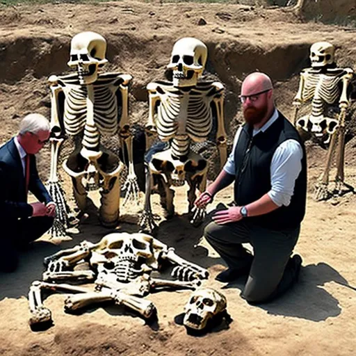 Prompt: Two modern archeologists kneeling next to two half-uncovered giant humanoid skeletons from an ancient burial. Photo quality