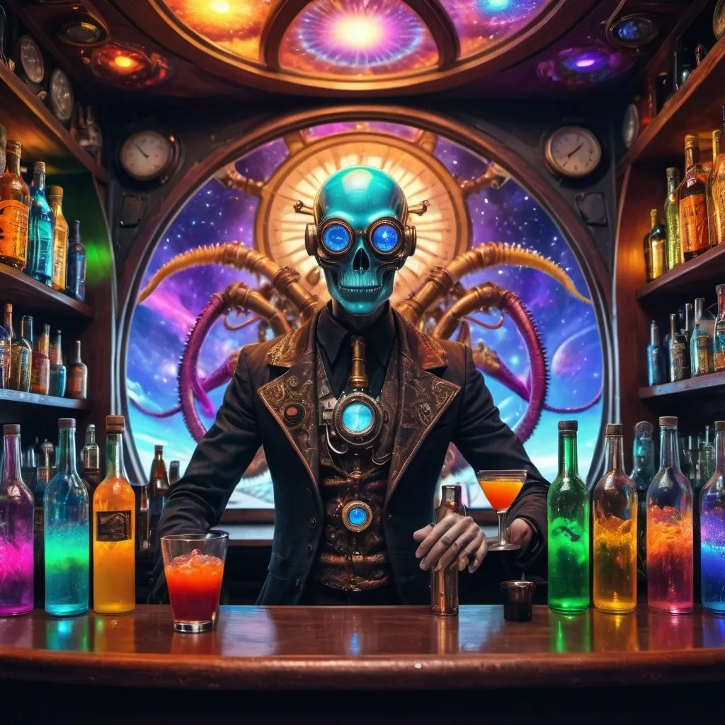 Prompt: Strange DMT realm many-armed alien bartender with bright electric & metallic colored features, & a view window into inky-black space with oily rainbow sheen. 8k resolution holographic astral cosmic 3D Epic cinematic brilliant stunning intricate, high contrast, colorful cosmic bar with bottles of glowing liquids, polychromatic, intricate details, HDR, beautifully shot, hyperrealistic, sharp focus, 64 megapixels, perfect composition, very detailed steampunk psychedelic."