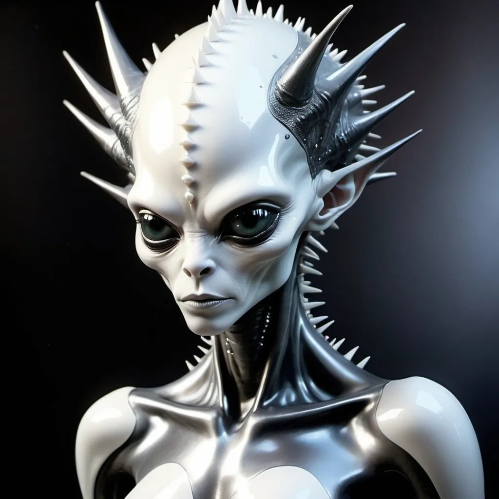 Prompt: A pale spiky headed beautiful humanoid alien. painting masterpiece done in metallic spraypaint grafitti, shiny acrylic, obsidian, iridescent, pearl white, disturbing & brilliant. Super beautiful alien female.