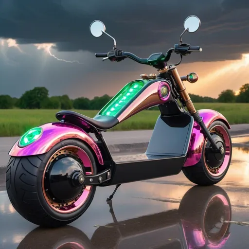 Prompt: An mirror reflective chrome steampunk ultramodern fat-tire electric scooter with neon accents & a fusion reactor in the center. Bright acrylic iridescent  & dark purple storm clouds, with hot pink & metallic green lightning design on the scooter, pearlescent white & obsidian black, teal, blood red, hot pink, gold,  copper, brass, clear acrylic, hyperrealistic, cool unique design, polished aluminum, unique design electric motorcycle. Perfect 3D photo, golden hour under storm clouds perfect lighting.