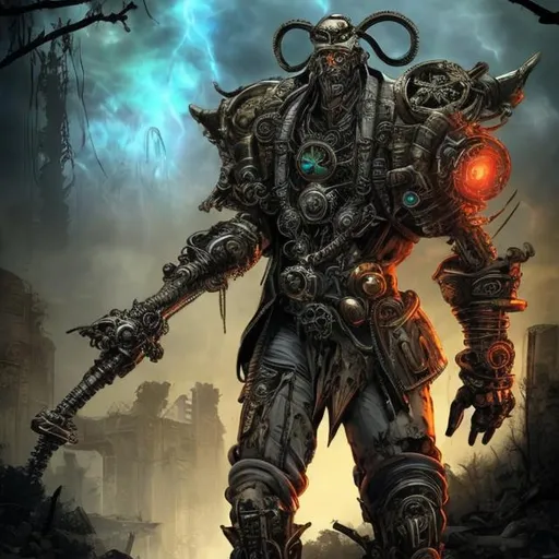 Prompt: The evil cyborg sorcerer Gemini is a warlord who rules the overgrown ruins of 20th century cities, in a post-apocalyptic Earth reclaimed by nature. Steampunk.