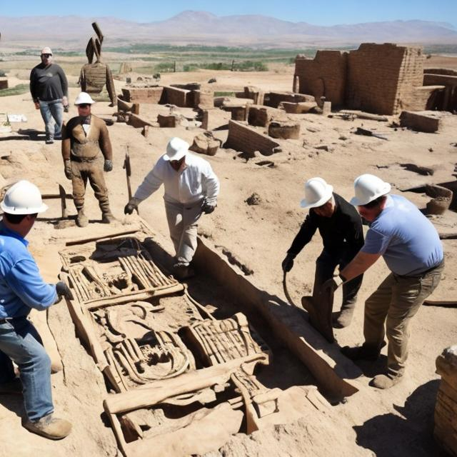 Prompt: Two archeologists pose on-site with a giant humanoid skeleton they're uncovering.