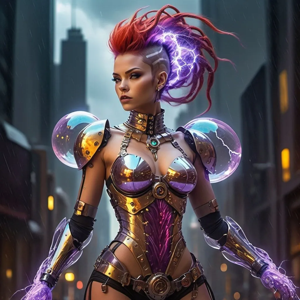 Prompt: An unbelievably gorgeous cyborg super villain female wearing transparent clear acrylic armor from neck to feet, arching her back in rage, with a glowing cat-o-nine-tails, & a mohawk of pre-hensile interface chords, in a background
that is a busy storm of iridescent amethyst colored & twining lightning bolts, & drifting reality-warping mirror-finish fractal-bubbles ranging from golfball to softball-sizes. Colorful image blood red & metallic banana yellow, chrome & iridescent, electric blue, copper, pearlescent white, royal purple, iridescent orange, dark green. Photo Quality, highly detailed, perfect magic hour lighting, many weapons & armor, interfaces, jets, gagets, an imposing figure, horrifying villain, 3D, steampunk, acrylic graffiti look in a photograph.